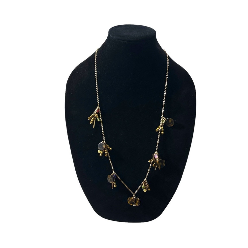 Signed J Crew Gold Tone Dangle Faux Tortoise & Colored Rhinestones Necklace 34”
